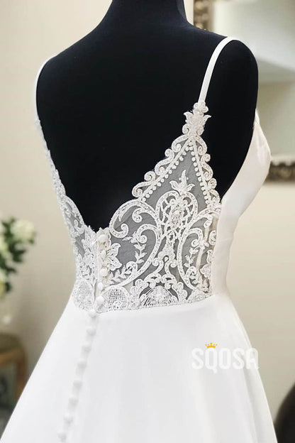 A-line Spaghetti Straps Lace Appliques Simple Wedding Dress QW2338|SQOSA