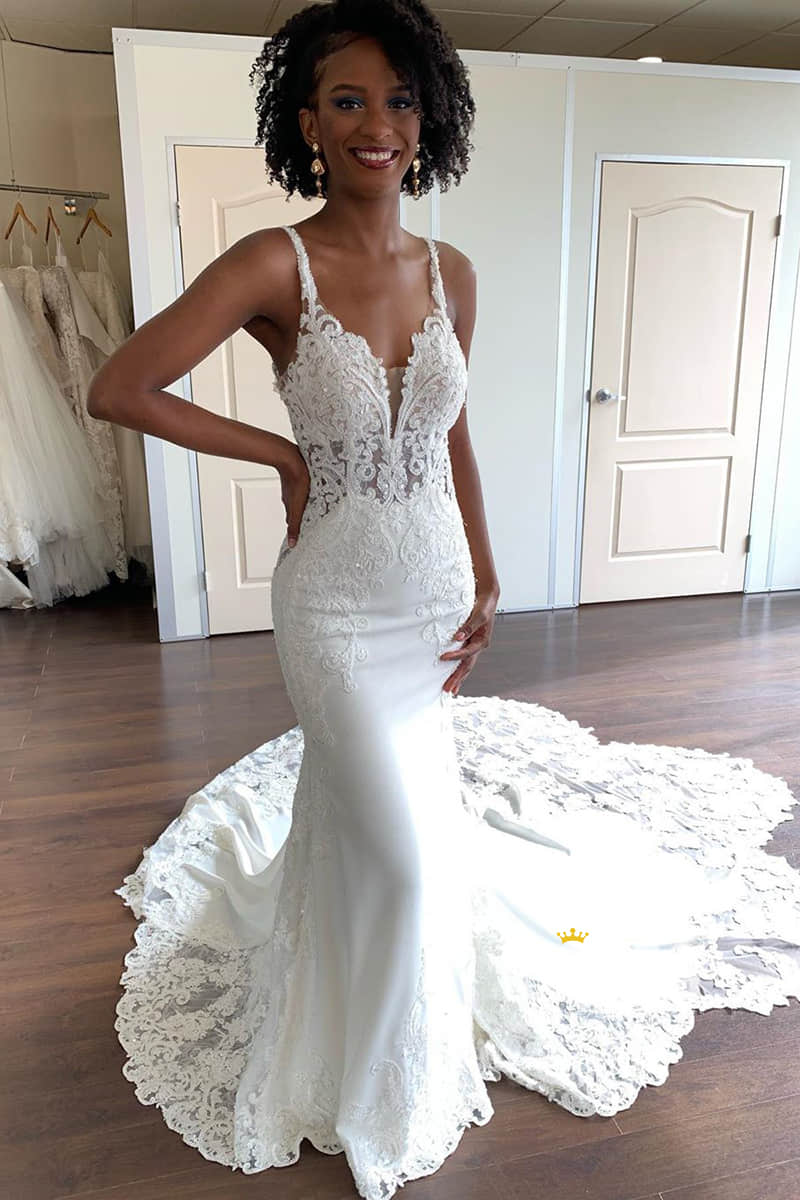 Mermaid/Trumpet Wedding Dress Chic Lace Appliques Rustic Wedding Gown QW2343|SQOSA