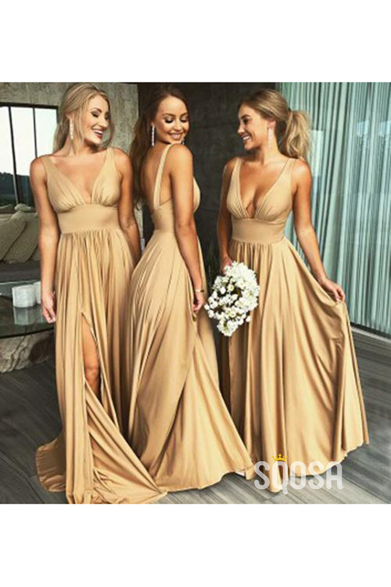 Plunging V-neck Side Slit A-line Long Bridesmaid Dresses QB2121|SQOSA