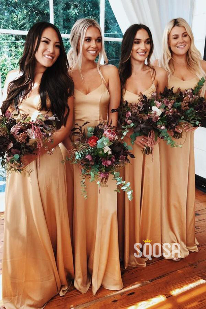 Women's Spaghetti Straps A-line Long Bridesmaid Dress QB2122|SQOSA