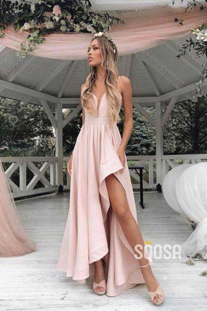 Women's Spaghetti Straps V-neck High Split Pink Bridesmaid Dress QB2124|SQOSA