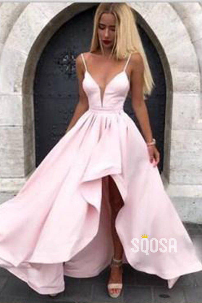 Women's Spaghetti Straps V-neck High Split Pink Bridesmaid Dress QB2124|SQOSA