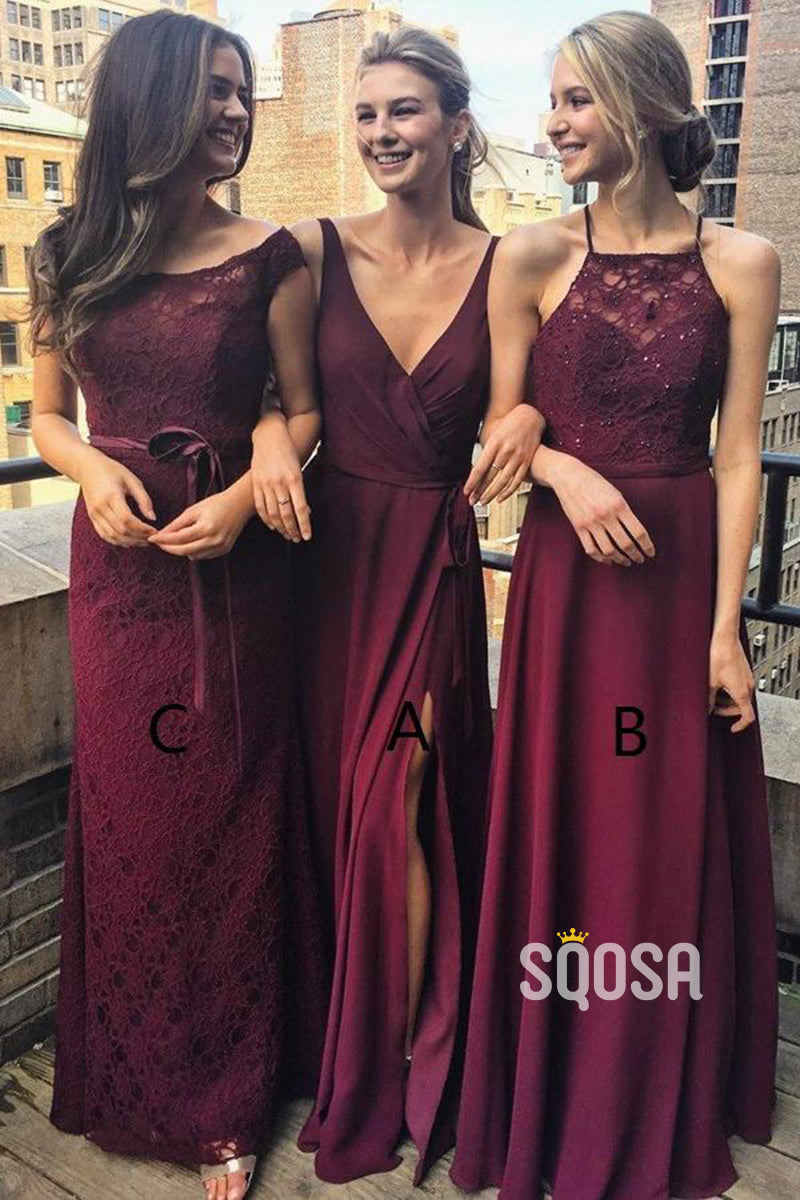 A-line V-neck Burgundy Long Bridesmaid Dress QB2125|SQOSA