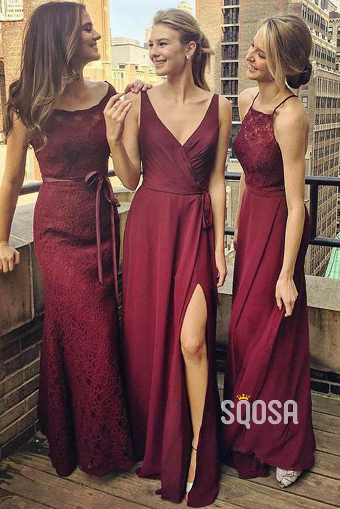 A-line V-neck Burgundy Long Bridesmaid Dress QB2125|SQOSA