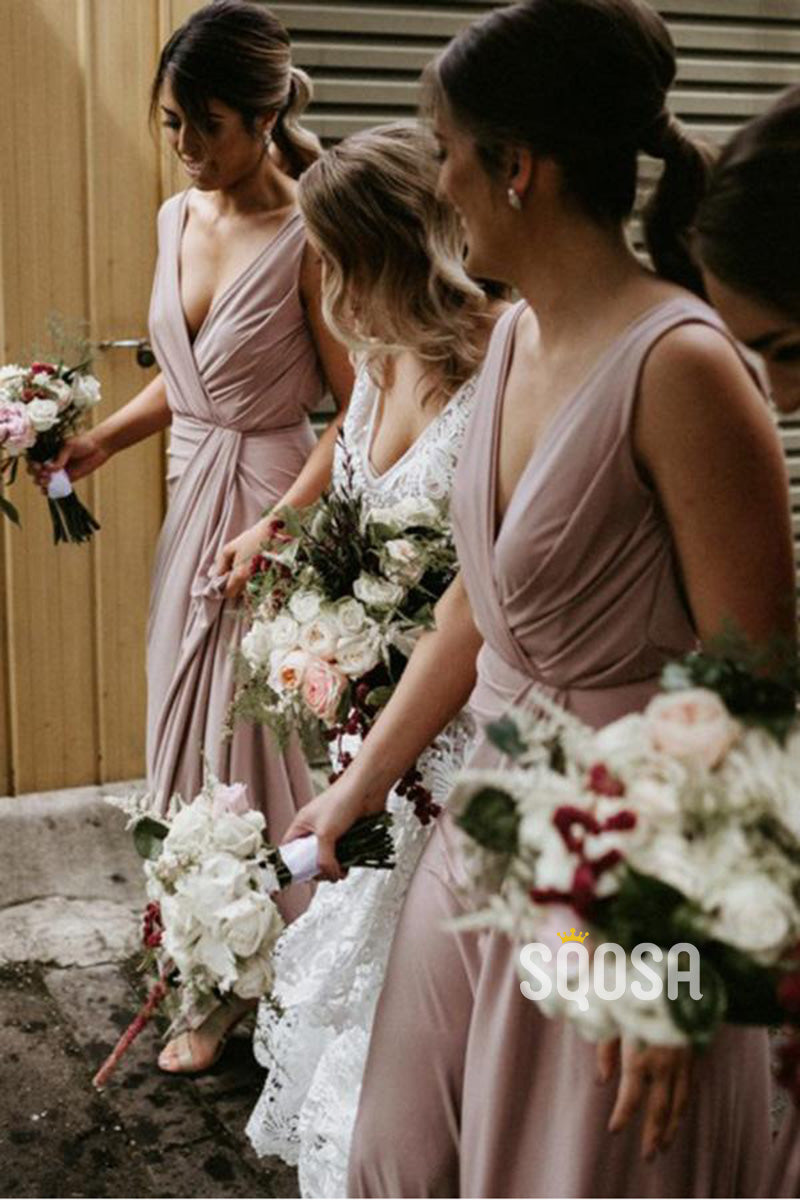 A-line V-neck Chiffon Pleats Long Bridesmaid Dress QB2129|SQOSA