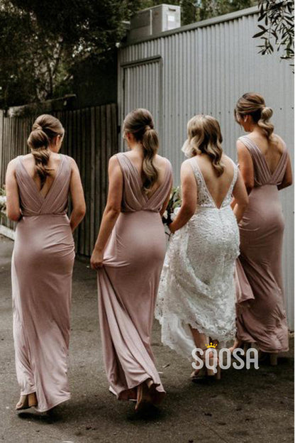 A-line V-neck Chiffon Pleats Long Bridesmaid Dress QB2129|SQOSA