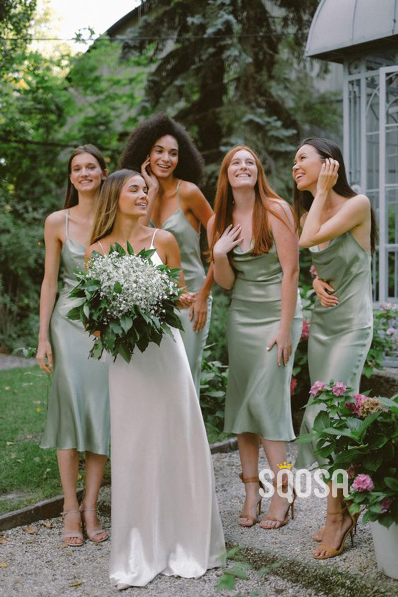 Women's Spaghetti Straps Elastic Satin Short Bridesmaid Dress QB2131|SQOSA