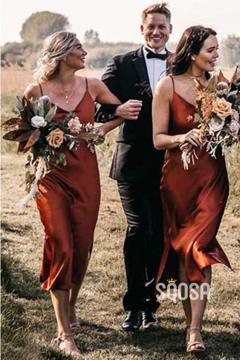 Women's Spaghetti Straps Elastic Satin Cheap Bridesmaid Dress QB2135|SQOSA