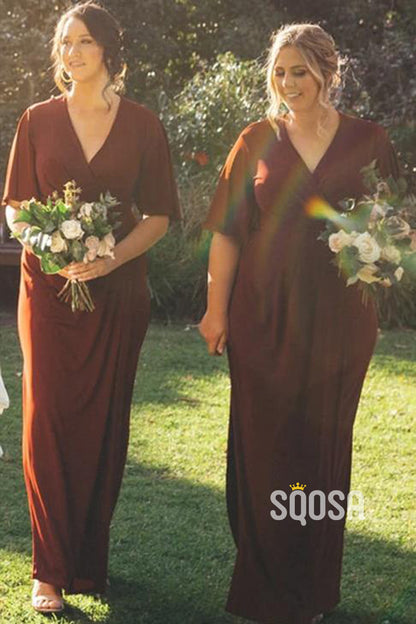 Plunging V-neck Short Sleeves Burgundy Bridesmaid Dress QB2137|SQOSA