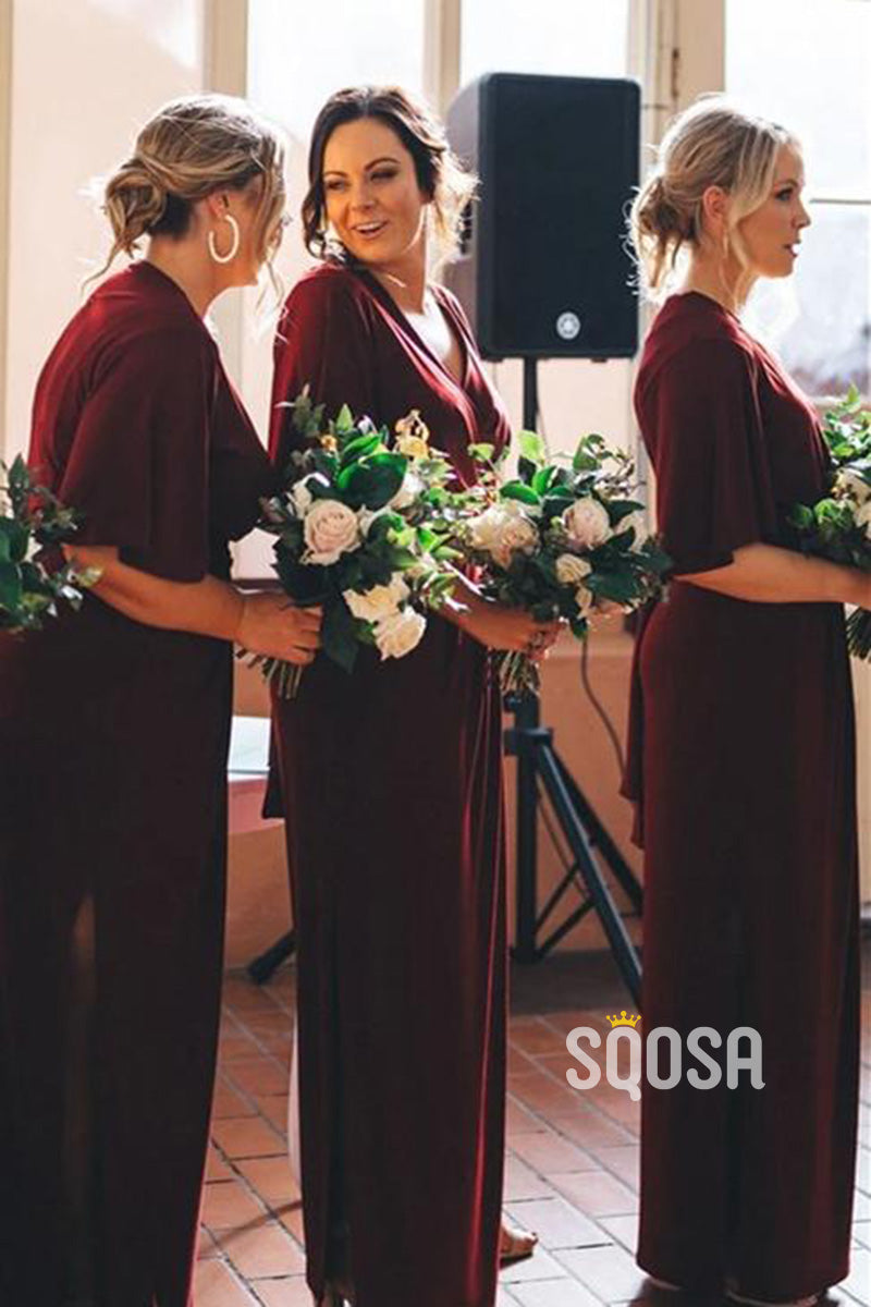 Plunging V-neck Short Sleeves Burgundy Bridesmaid Dress QB2137|SQOSA