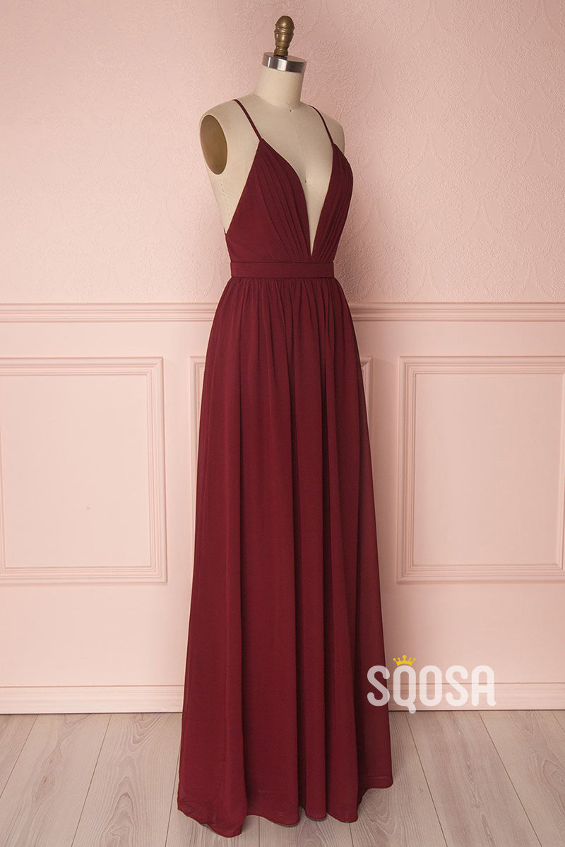 Women's Spaghetti Straps V-neck Chiffon Long Bridesmaid Dress QB2138|SQOSA