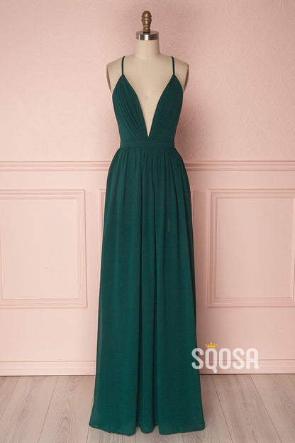 Women's Spaghetti Straps V-neck Chiffon Long Bridesmaid Dress QB2138|SQOSA