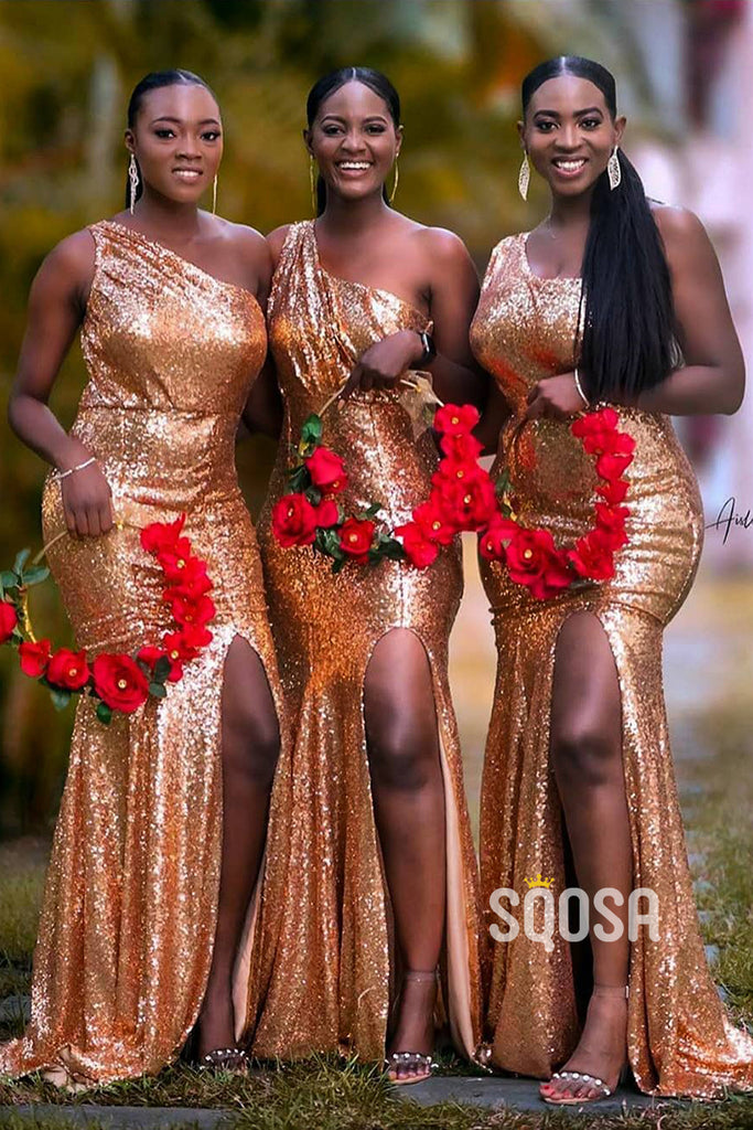 One Shoulder Gold Sequins Side Slit Black Bridesmaid Dress QB3025|SQOSA