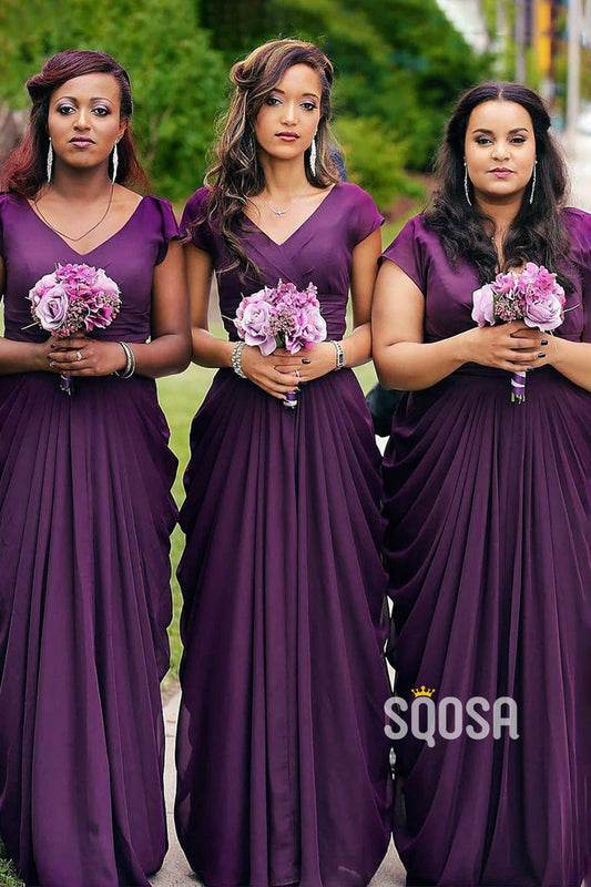 A-line V-Neck Short Sleeves Chiffon Purple Long Bridesmaid Dress QB3026|SQOSA