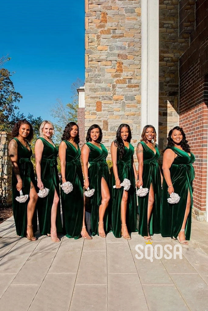Sexy V-Neck Green Velvet Plus Long Bridesmaid Dress QB3029|SQOSA