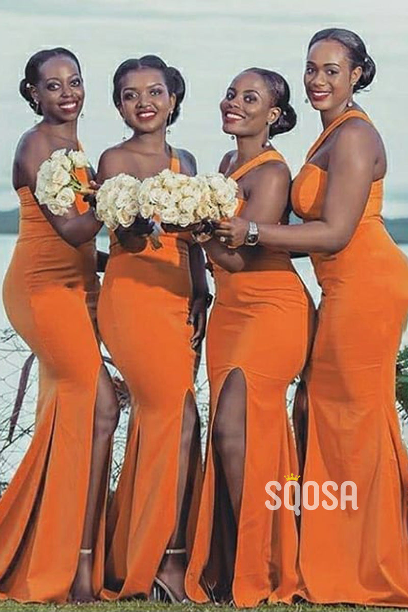 One Shoulder Orange Long Black Bridesmaid Dress with Slit QB3032