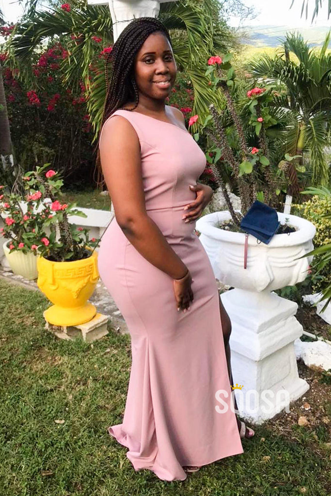 One Shoulder Pink Plus Size Black Bridesmaid Dress QB3039|SQOSA