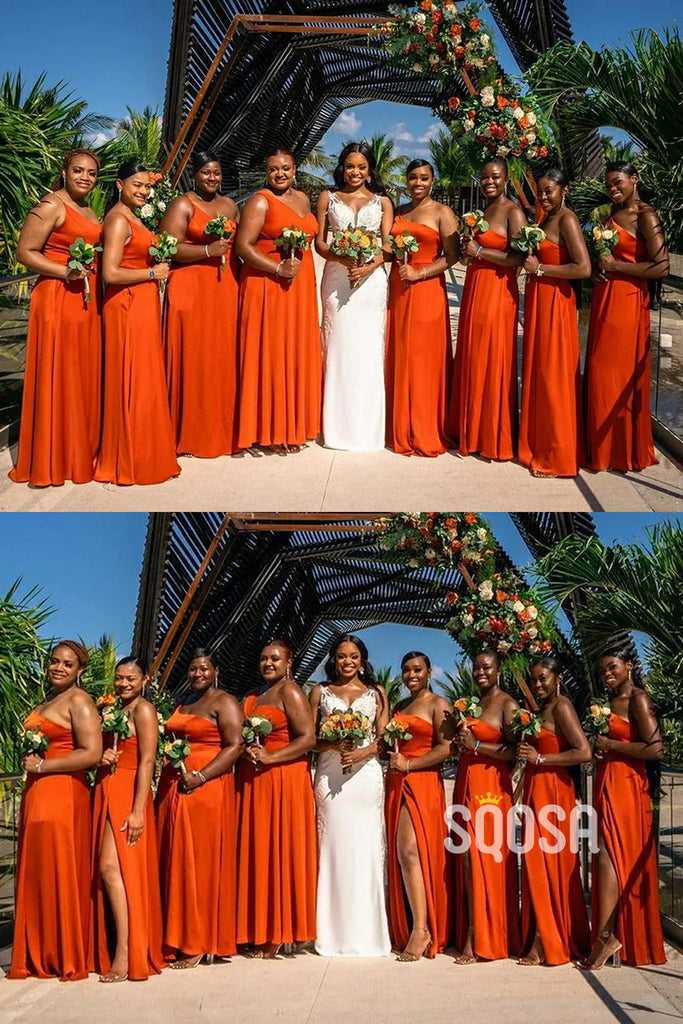 Spaghetti Straps V-Neck Chiffon Long Bridesmaid Dress for Black Girls QB3046|SQOSA