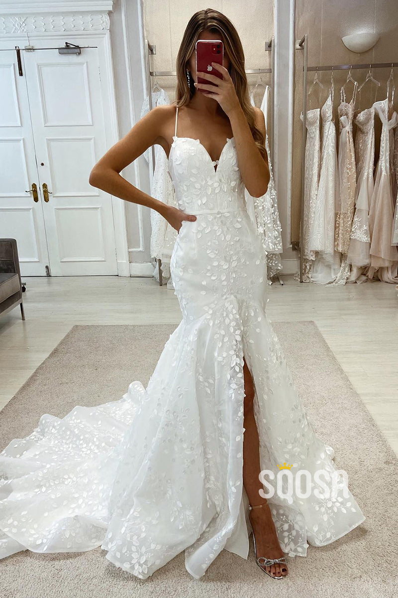 Allover Lace Wedding Dress Spaghetti Straps Mermaid Bridal Gown QW2562