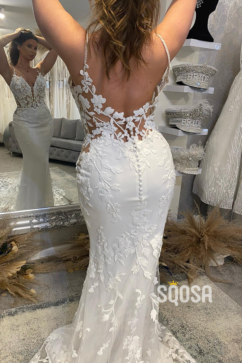 Attractive V-Neck Allover Lace Wedding Dress Mermaid Bridal Gown QW2564