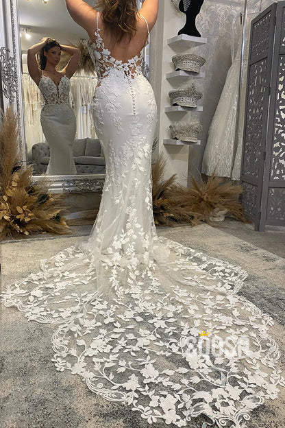 Attractive V-Neck Allover Lace Wedding Dress Mermaid Bridal Gown QW2564