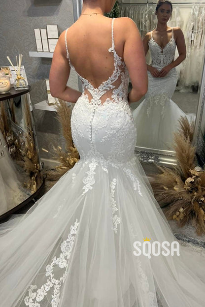 Attractive V-Neck Lace Appliques Mermaid Wedding Dress QW2568