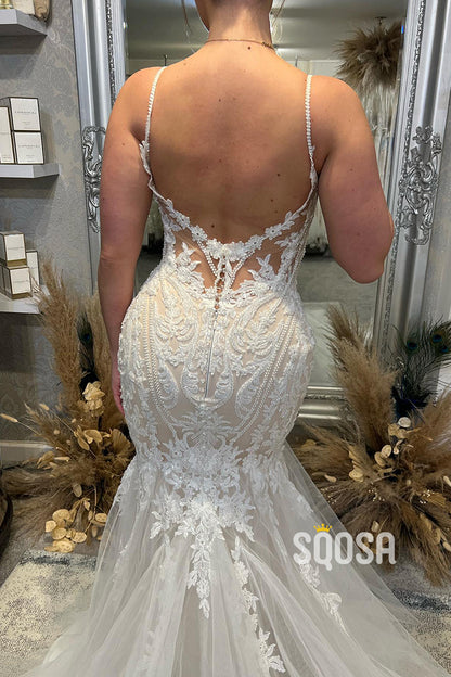 Spaghetti Straps V-Neck Lace Appliques Mermaid Wedding Dress QW2572
