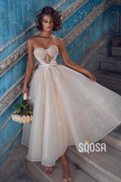 A-line Sweetheart Sparkly Bohemain Wedding Dress Tea Length QW2577