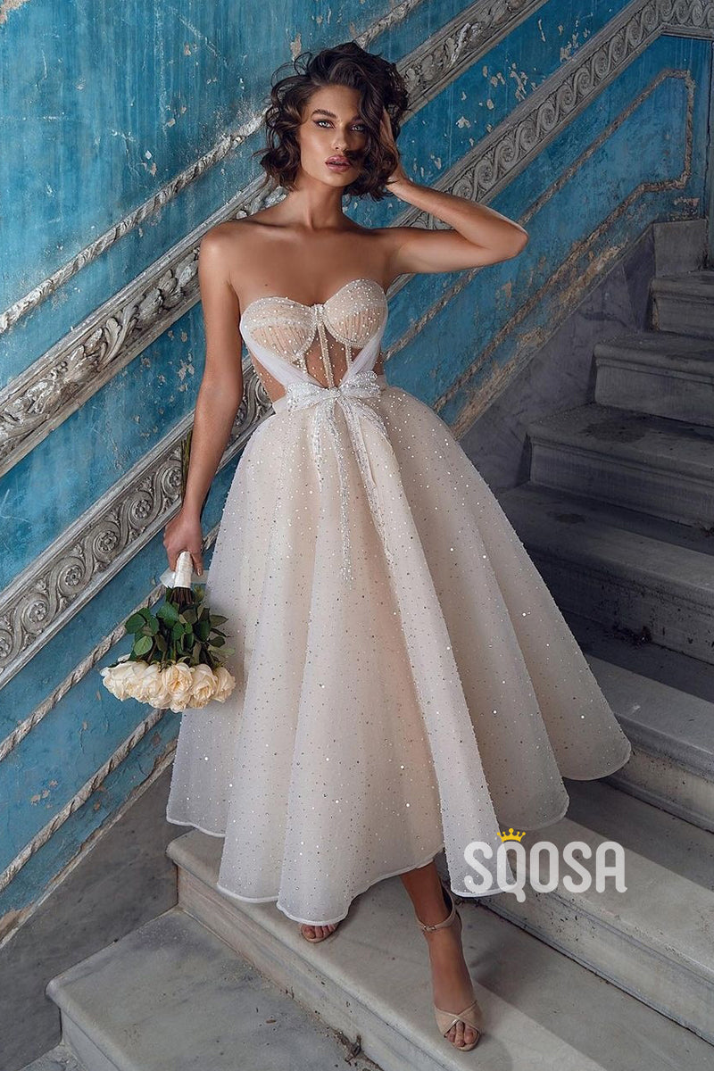 A-line Sweetheart Sparkly Bohemain Wedding Dress Tea Length QW2577