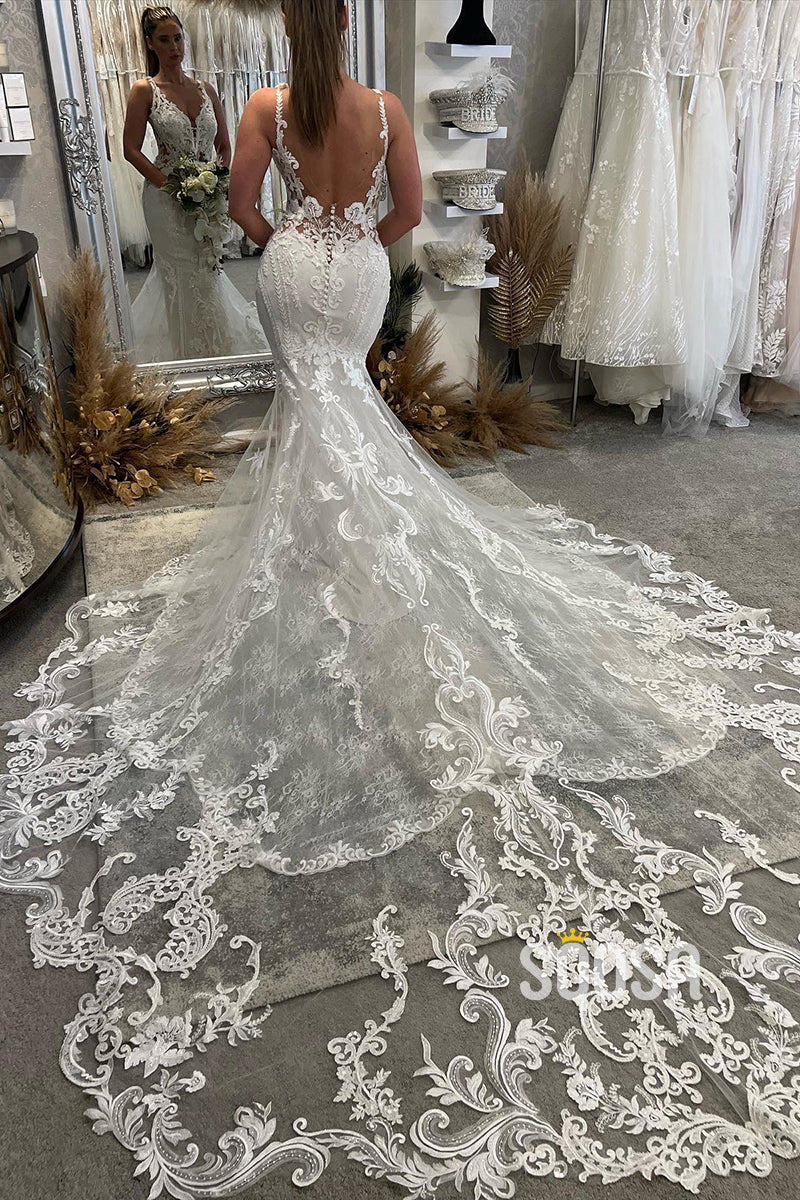 Attractive V-Neck Lace Appliques Mermaid Wedding Dress Bridal Gown QW2578
