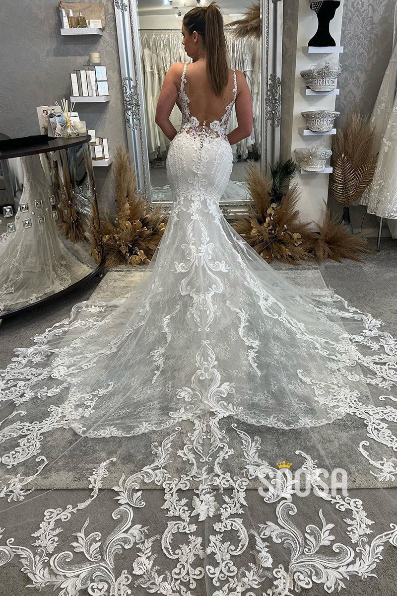 Attractive V-Neck Lace Appliques Mermaid Wedding Dress Bridal Gown QW2578
