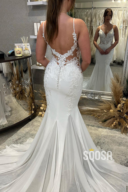 Spaghetti Straps Lace Appliques Mermaid Wedding Dress QW2597