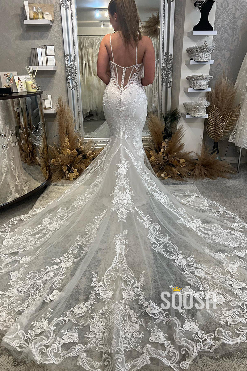 Plunging V-Neck Lace Appliques Mermaid Wedding Dress QW2598
