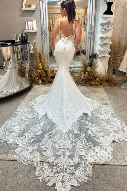 Attractive V-Neck Lace Appliques Mermaid Wedding Dress Bridal Gown QW2620