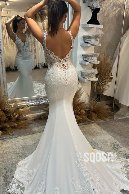 Attractive V-Neck Lace Appliques Mermaid Wedding Dress Bridal Gown QW2620