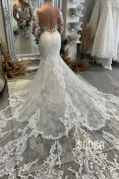 Illusion V-Neck Lace Appliques Long Sleeves Mermaid Wedding Dress QW2625