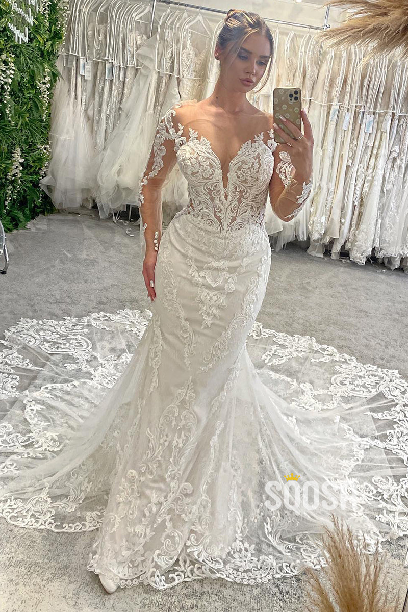 Illusion V-Neck Lace Appliques Long Sleeves Mermaid Wedding Dress QW2625
