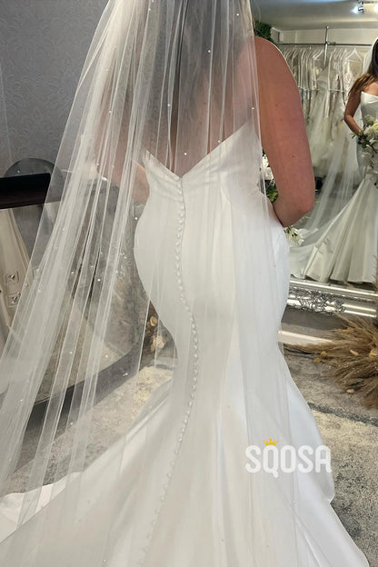 Strapless Ivory Satin Pleats Mermaid Wedding Dress QW2628