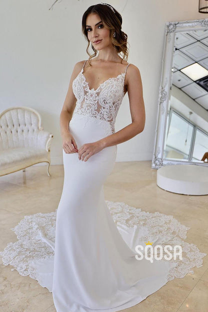 Spaghetti Straps V-Neck Lace Appliques Bohemian Wedding Dress QW2630