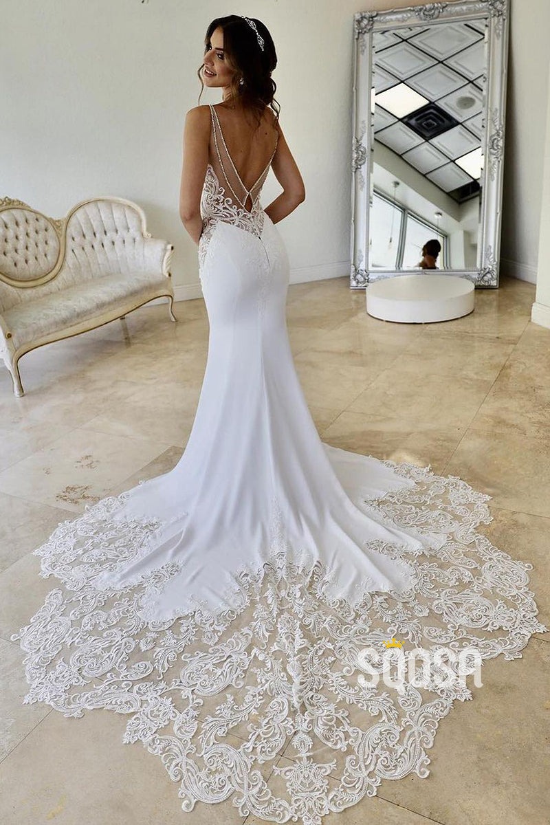 Spaghetti Straps V-Neck Lace Appliques Bohemian Wedding Dress QW2630
