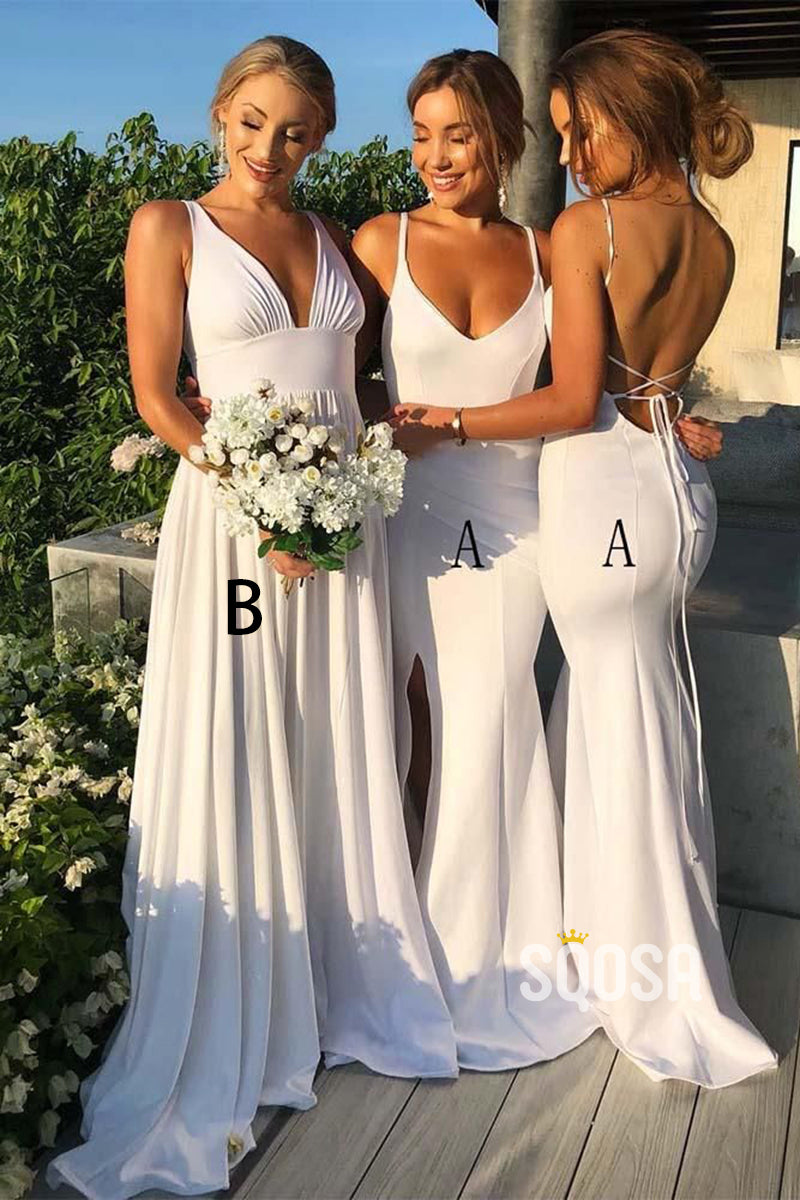 Deep V-neck White Long Bridesmaid Dress QB2110|SQOSA