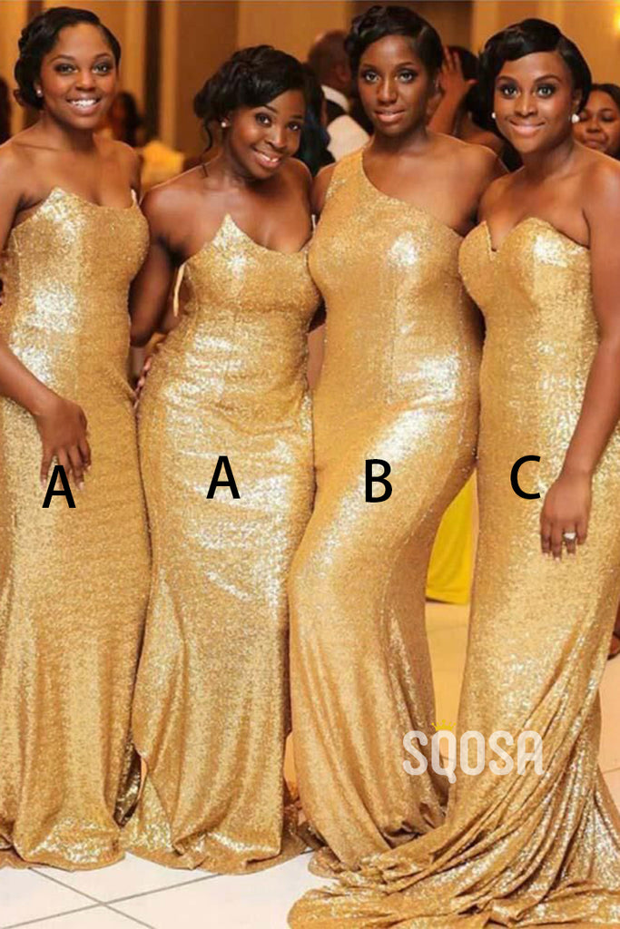 Gold Sequins Mermaid Long Bridesmaid Dress QB2116|SQOSA