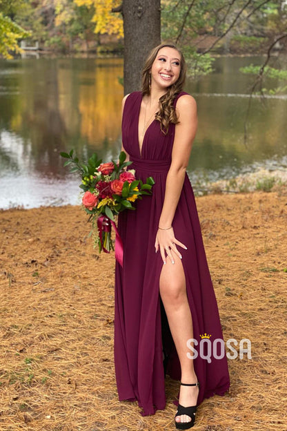 Deep V-neck Chiffon Long Burgundy Bridesmaid Dress QB2105|SQOSA