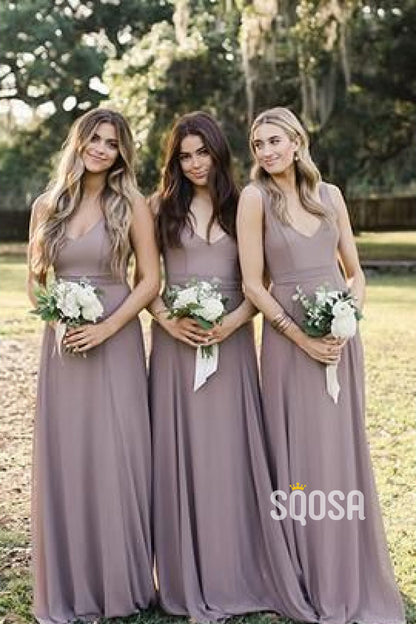 A-Line V-neck Chiffon Long Bridesmaid Dress QB2107|SQOSA