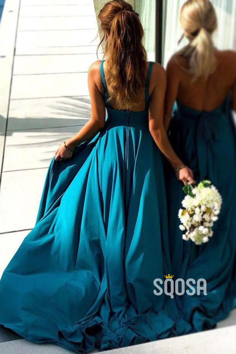 Plunging V-neck High Split A-line Long Bridesmaid Dress QB2108|SQOSA