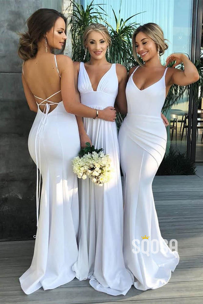 Deep V-neck White Long Bridesmaid Dress QB2110|SQOSA