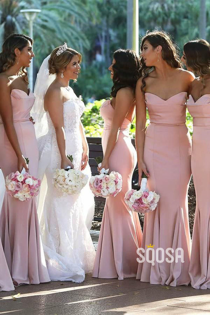 Sweetheart Pink Satin Mermaid Long Bridesmaid Dress QB2115|SQOSA