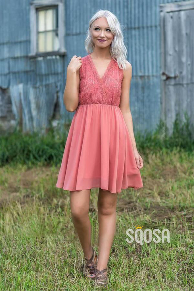 A-line V-neck Lace Top Coral Short Bridesmaid Dress QB2117|SQOSA