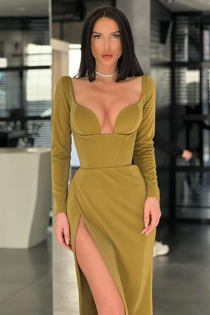 Sexy V-Neck High Split Long Sleeves Formal Evening Dress QP1075|SQOSA
