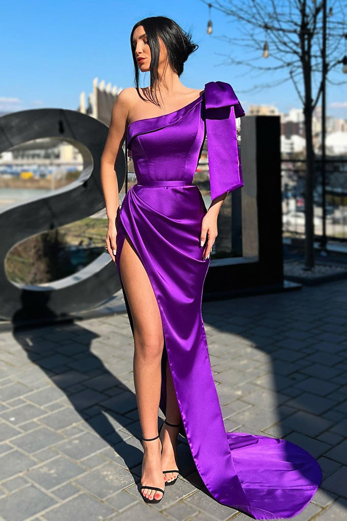Unique One Shoulder Pleast Purple Prom Dress with Slit QP1161|SQOSA
